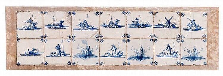 A stone plaque containing fourteen 18th century blue and white delft tiles