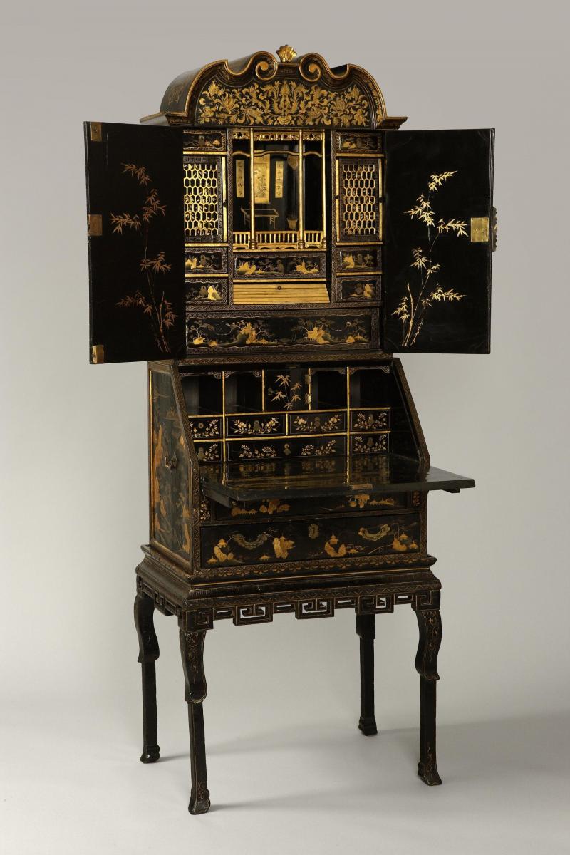 Antique Chinese Export Lacquer Bureau Cabinet in Three Sections