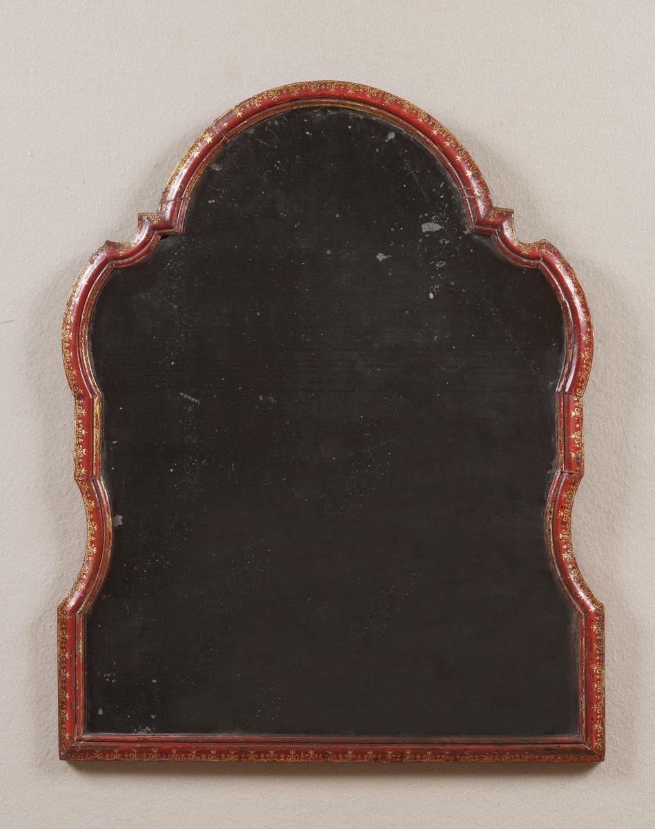 Antique Venetian Red Lacquer Mirror with the original plate and decoration