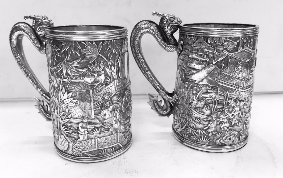 Pair of Chinese Export Silver Mugs