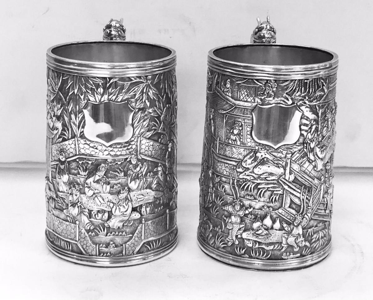 Pair of Chinese Export Silver Mugs