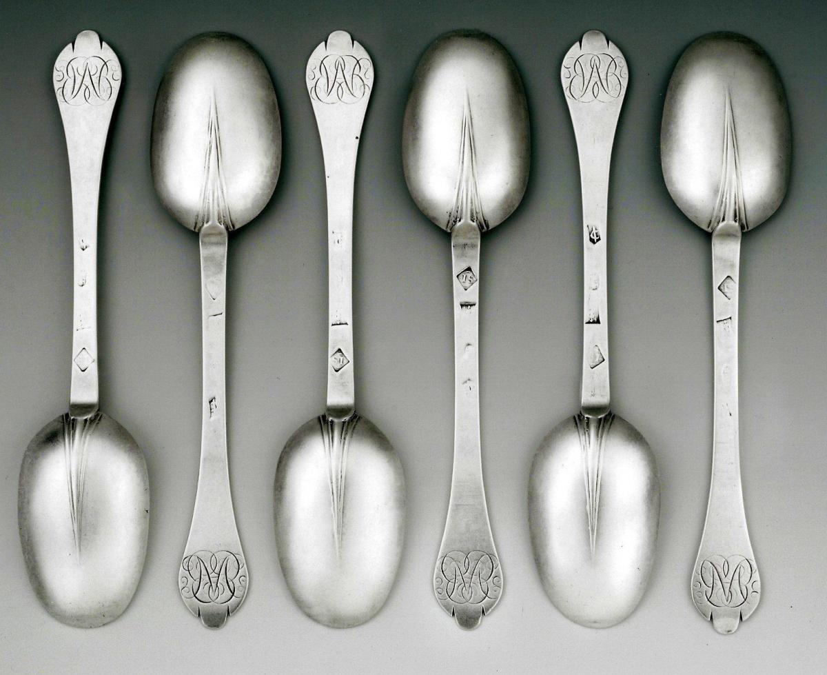 A highly important and extremely rare set of six William III Britannia Standard Trefid Spoons made in London in 1697 by Joyce Is