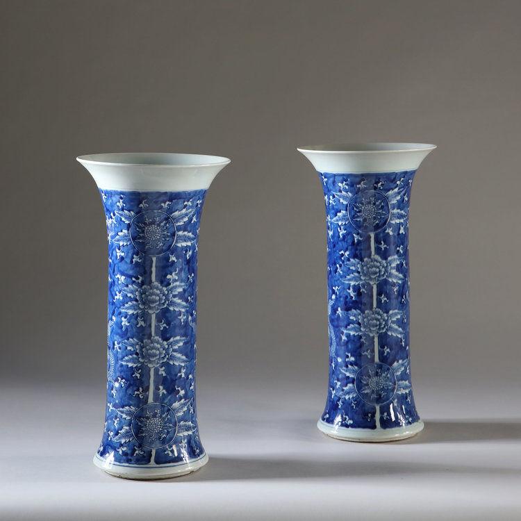 A Large Pair of Blue and White Trumpet Vases