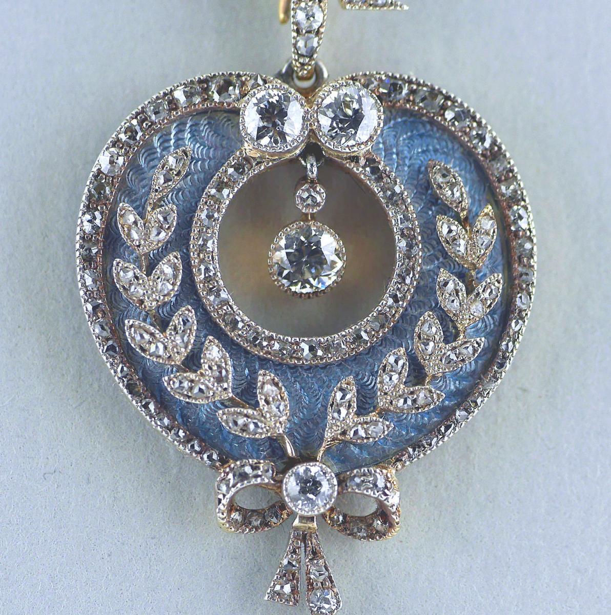 Belle Epoque Guilloché Enamel Diamond Pearl Pendant/Brooch