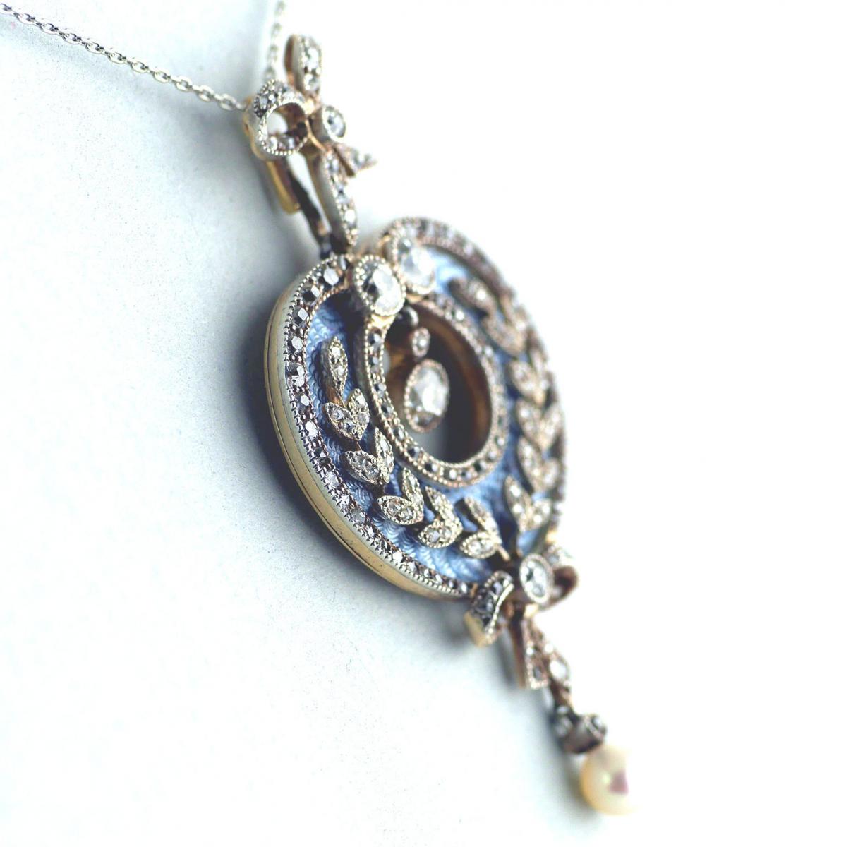 Belle Epoque Guilloché Enamel Diamond Pearl Pendant/Brooch