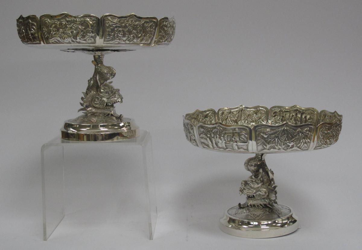 Pair of Chinese Export Silver Tazzas