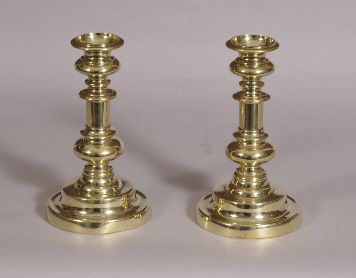 S/3634 Antique 19th Century Pair of Brass Candlesticks