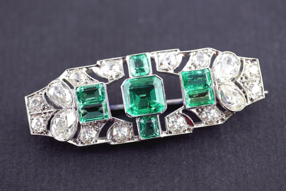 1.70 Carat Certified Emerald Diamond Platinum Brooch, Circa 1930