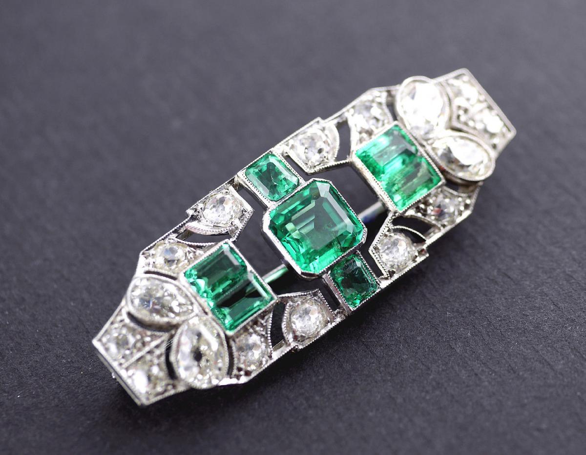 1.70 Carat Certified Emerald Diamond Platinum Brooch, Circa 1930
