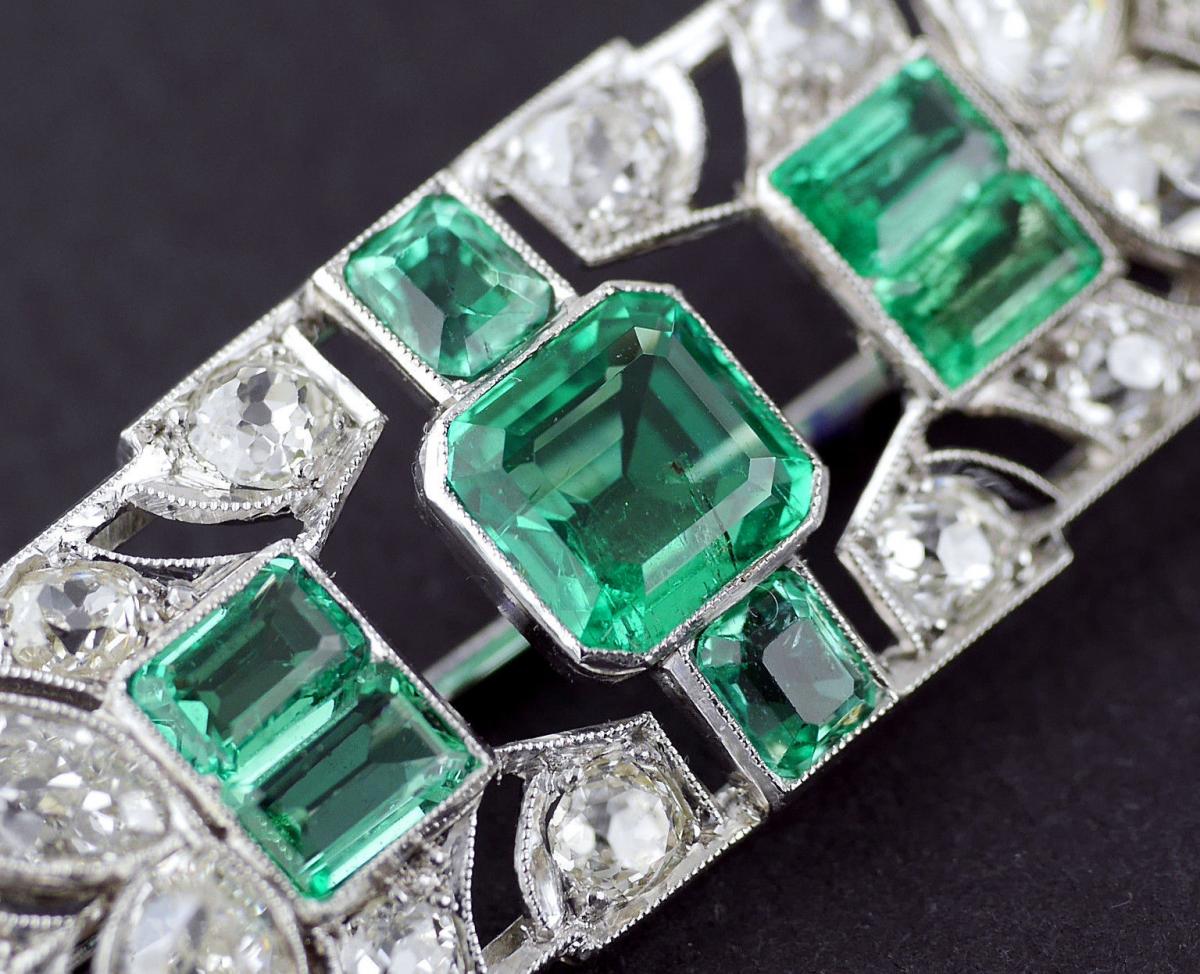 1.70 Carat Certified Emerald Diamond Platinum Brooch, Circa 1930