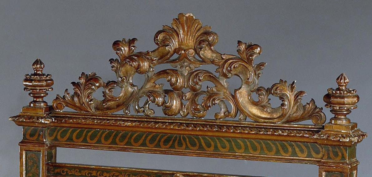 A rare, 19th century, Italian, carved, painted and gilded bed