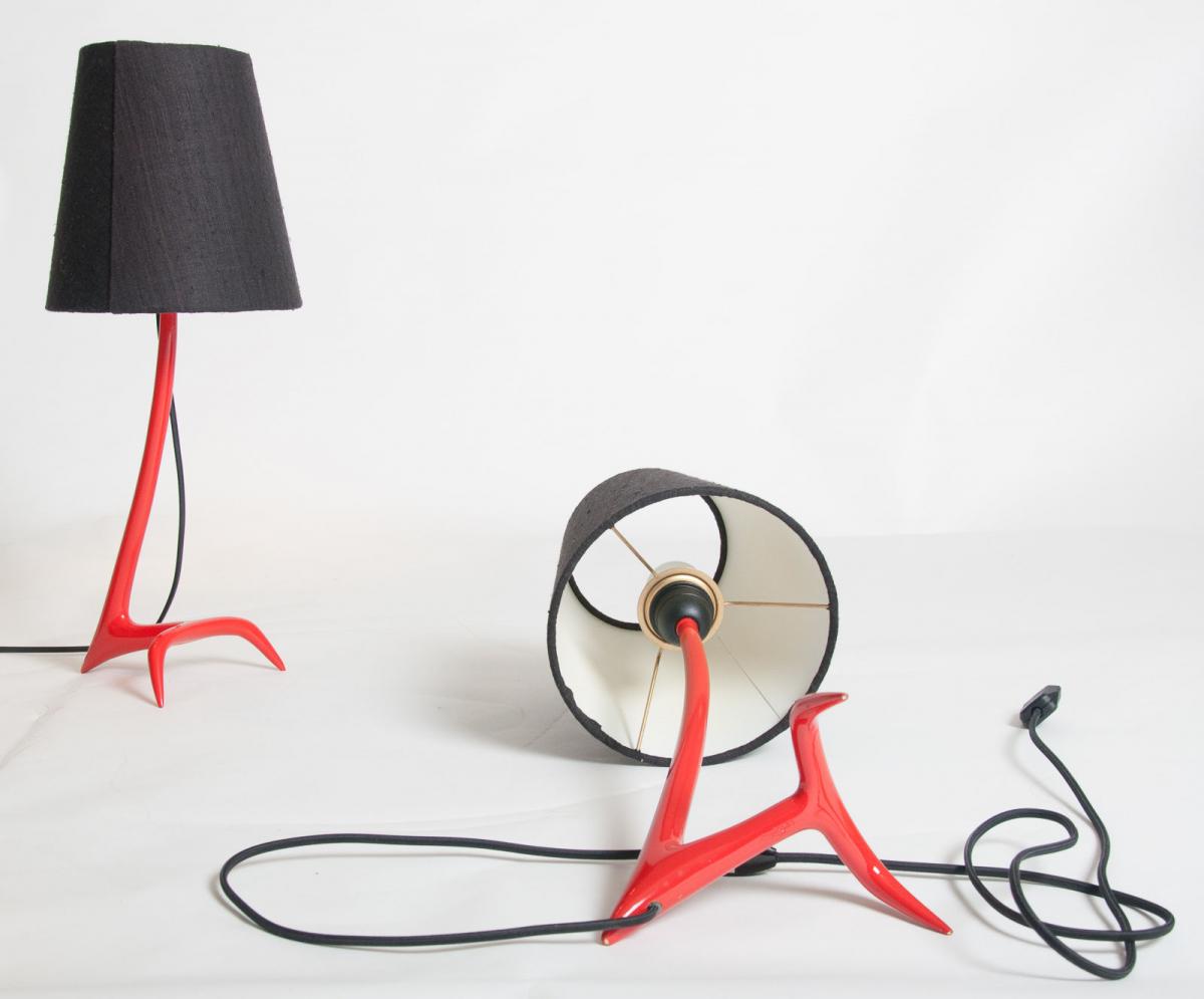 Pair of “pompier red” Stockholm table lamps by Maison Charles
