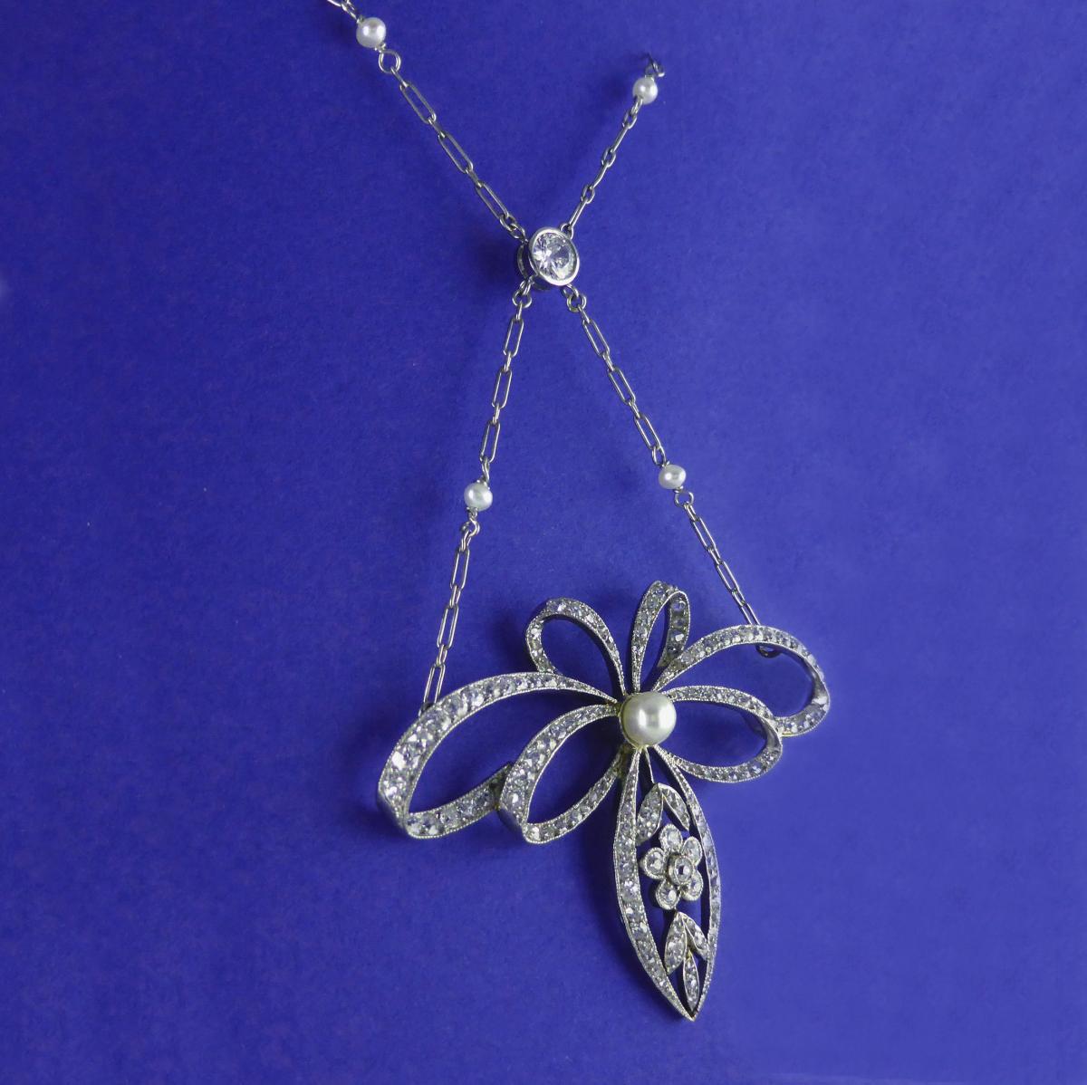 Pearl Diamond Platinum Belle Epoque Necklace, circa 1910