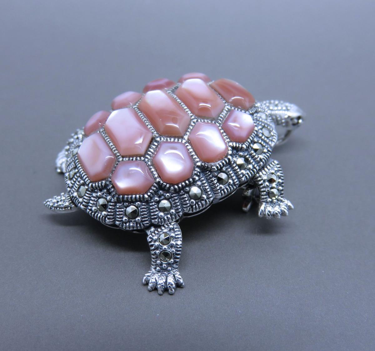 A Marcasite and Pink Mother of Pearl Brooch turtle