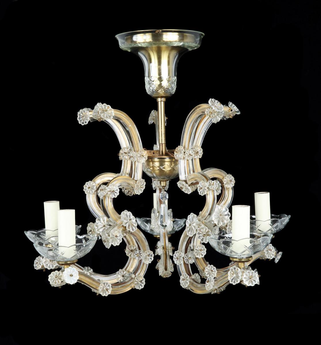 An Antiquarian, electrified, 6-arm gilt brass & glass chandelier