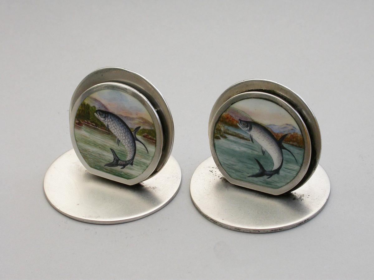 Rare Set 4 Edwardian Silver & Enamel 'Fish' Menu Holders