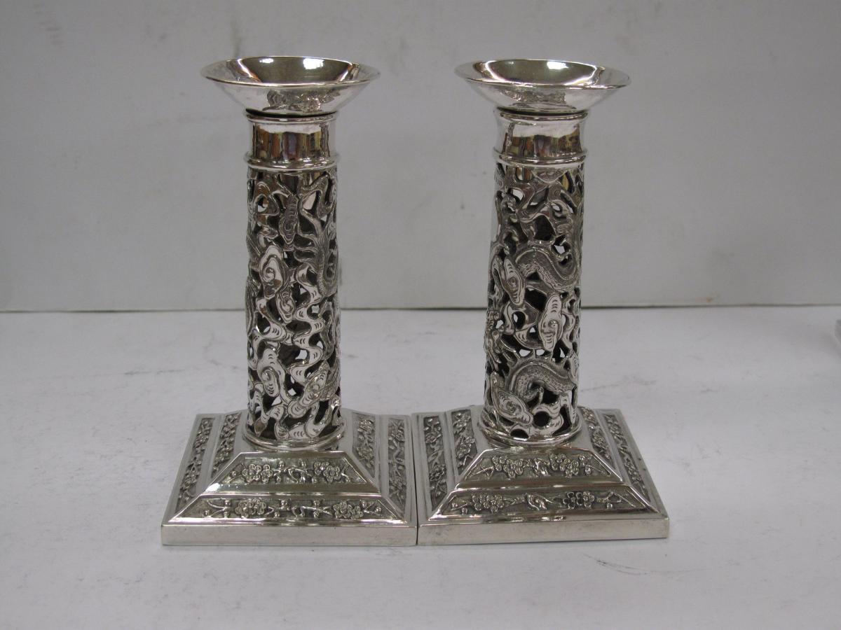 Set of Four Chinese Export Silver Candlesticks