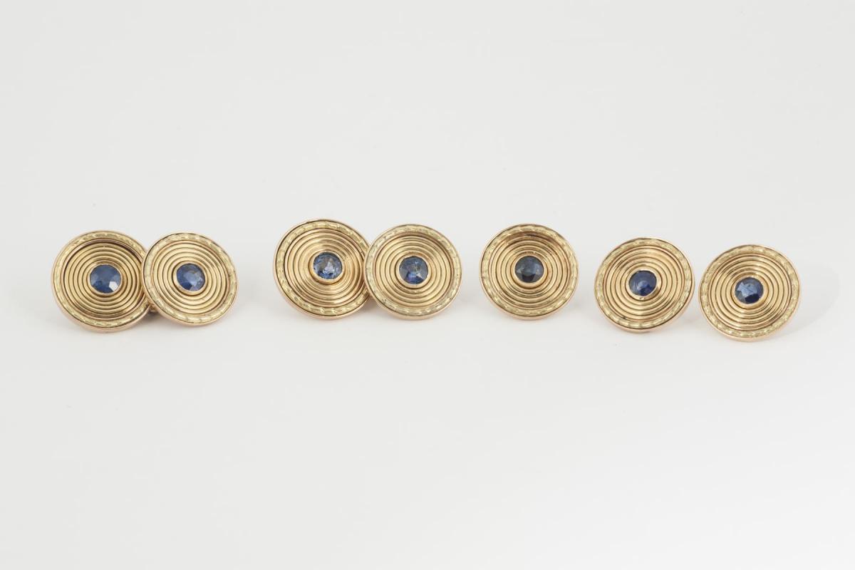 Cufflinks & Buttons in Two Colour 18 Carat Gold with Sapphire Centre, English circa 1950