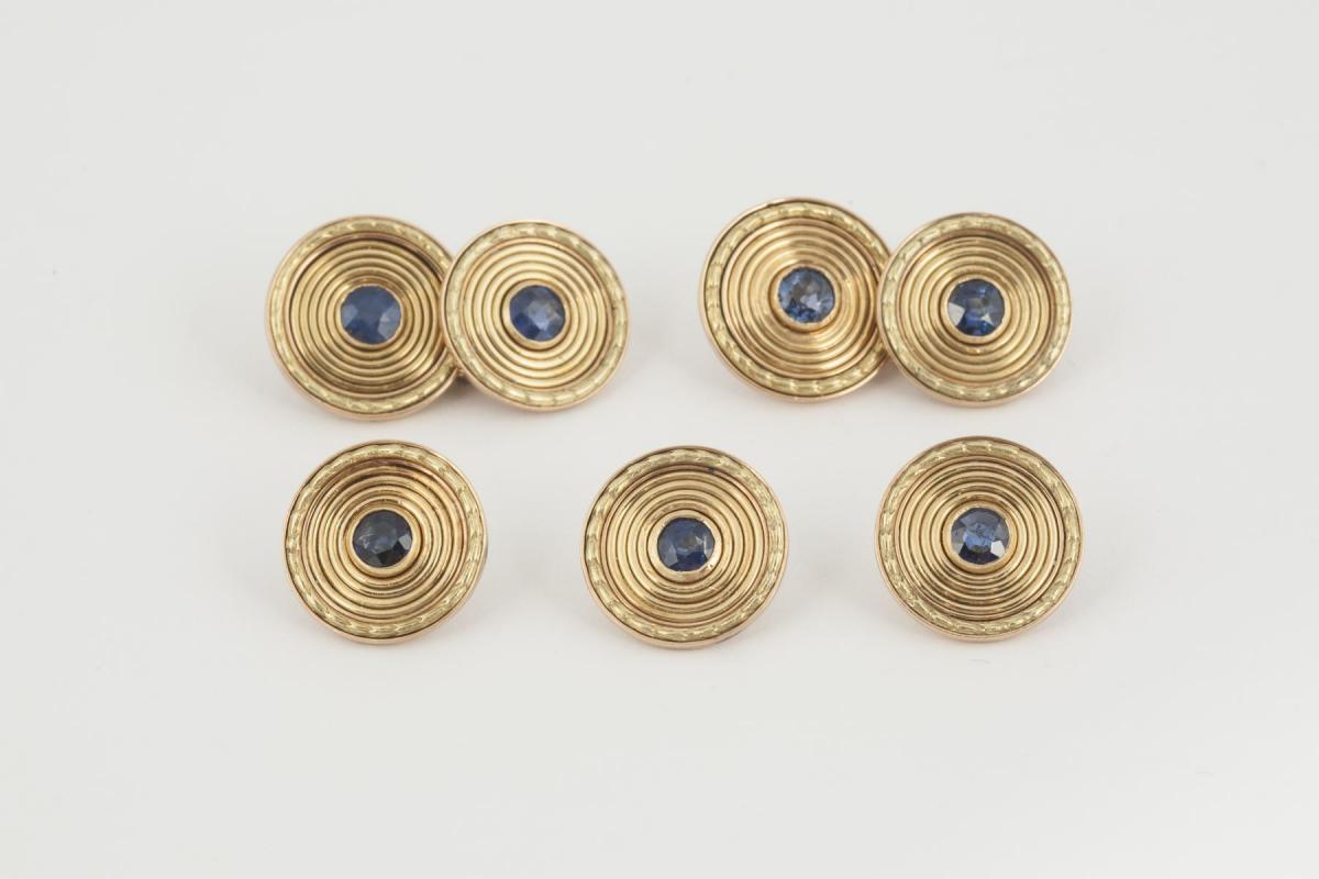 Cufflinks & Buttons in Two Colour 18 Carat Gold with Sapphire Centre, English circa 1950