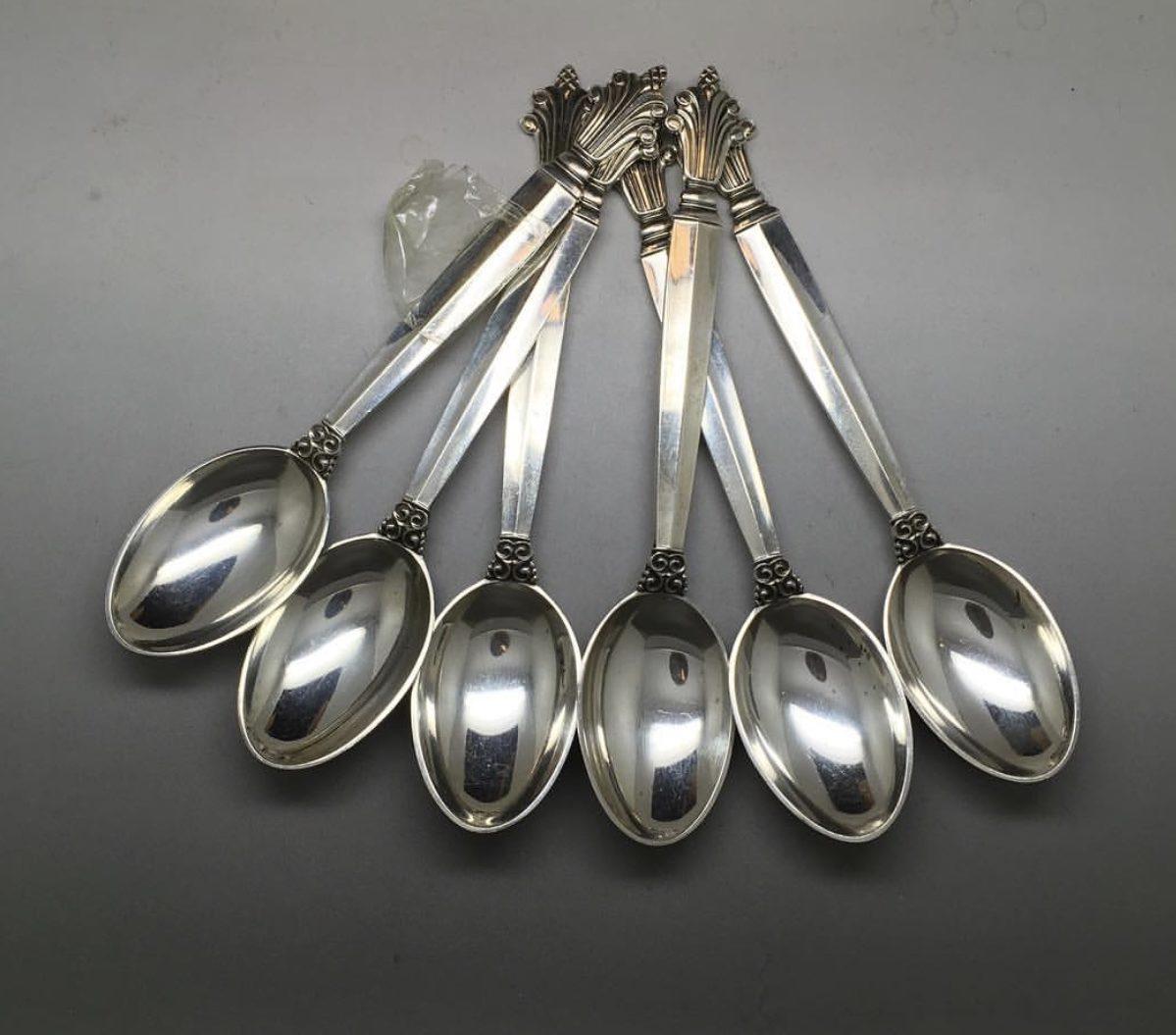 Set of 6 Silver Acanthus pattern coffee spoons