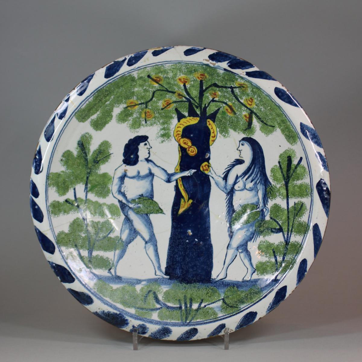 Bristol delftware polychrome ‘Adam and Eve’ plate, circa 1730-40