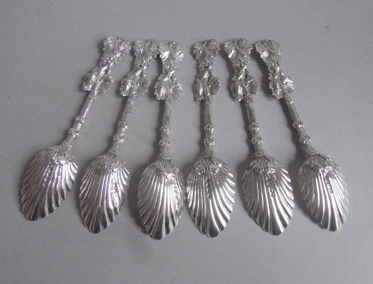 A very unusual set of six cased Naturalistic Teaspoons made in London in 1839/40 by William Theobalds and Robert Atkinson.