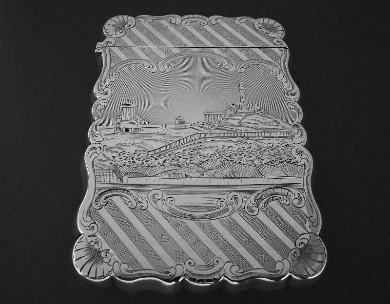 Victorian Silver Card Case Depicting Calton Hill in Edinburgh