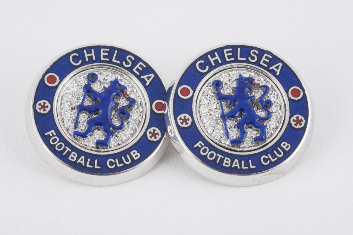 Chelsea Football Club Cufflinks in 18 Carat White Gold, Diamonds & Enamel, London 2018