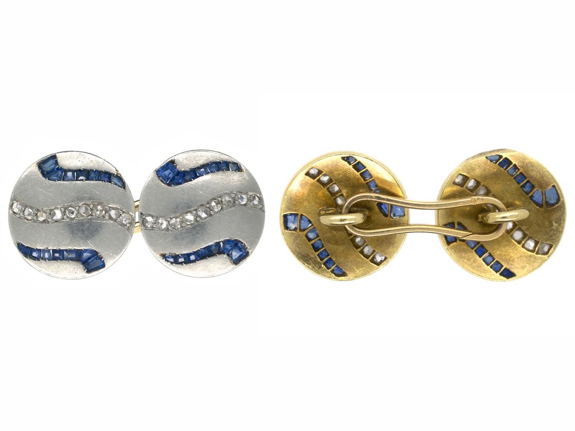 Cufflinks set with Sapphires and Diamonds in Platinum & Gold, French circa 1920