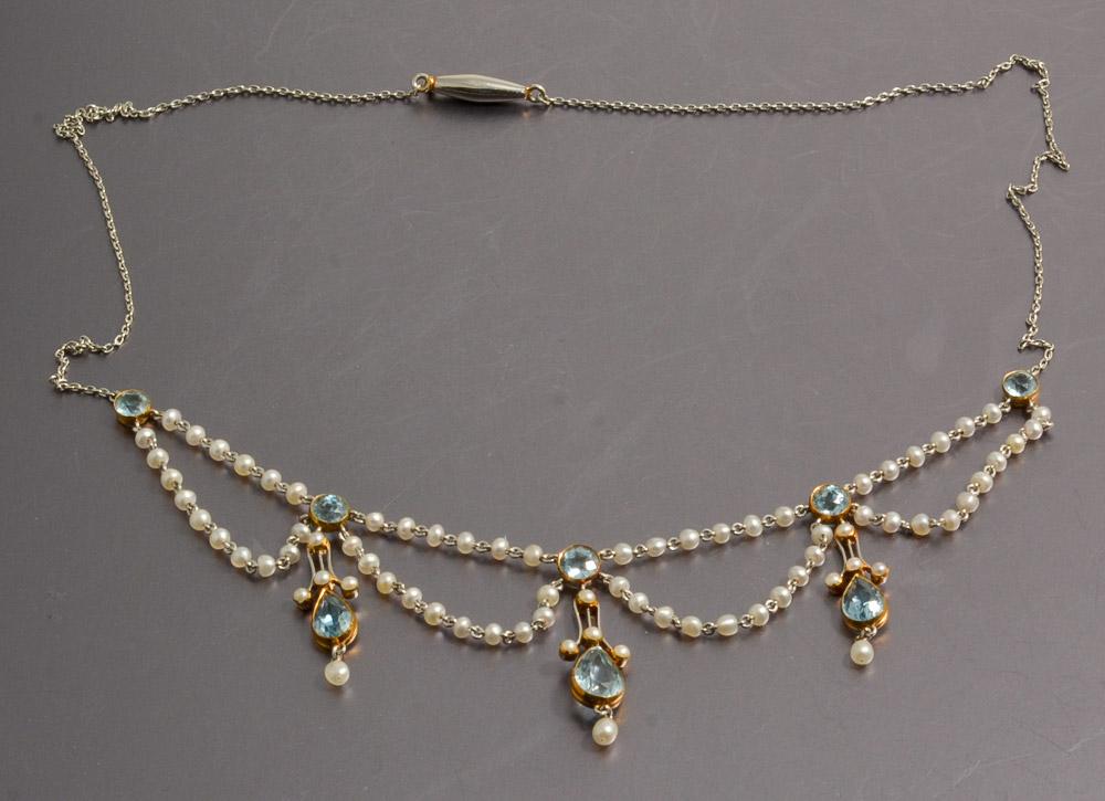Edwardian Platinum Pearl Aquamarine Swag Necklace