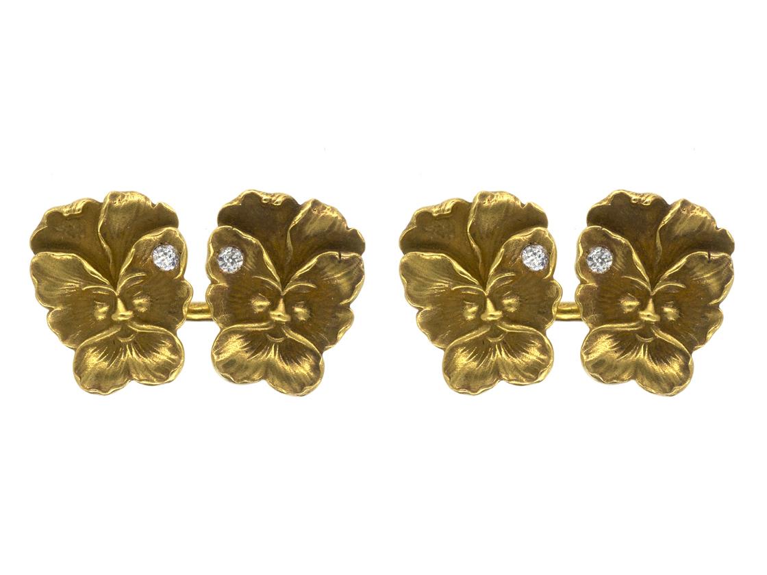 Antique Cufflinks in 14 Karat Gold with a Single Diamond, American circa 1890 Art Nouveau