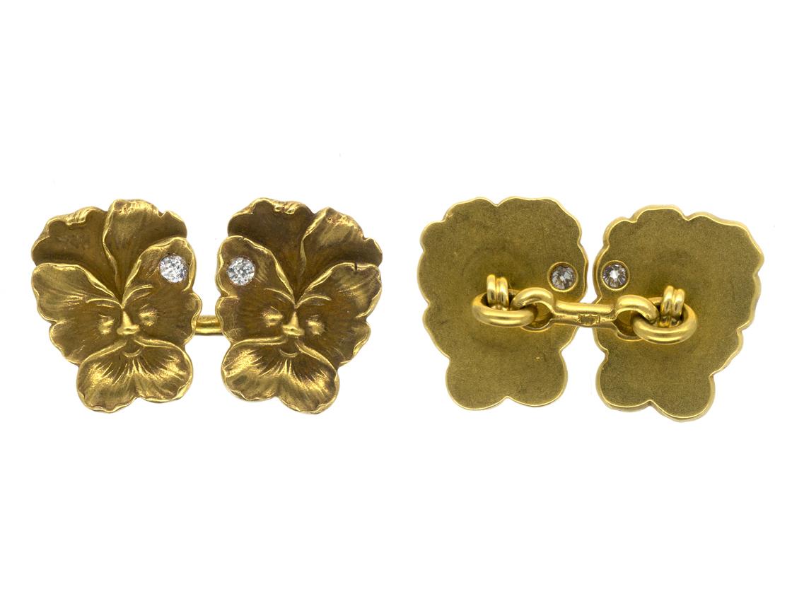 Antique Cufflinks in 14 Karat Gold with a Single Diamond, American circa 1890 Art Nouveau