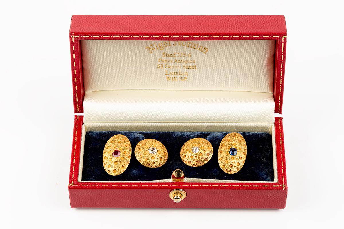 Antique Cufflinks in 18 Carat Gold with Stippled Design, Diamonds, Sapphire and Ruby, English dated 1891
