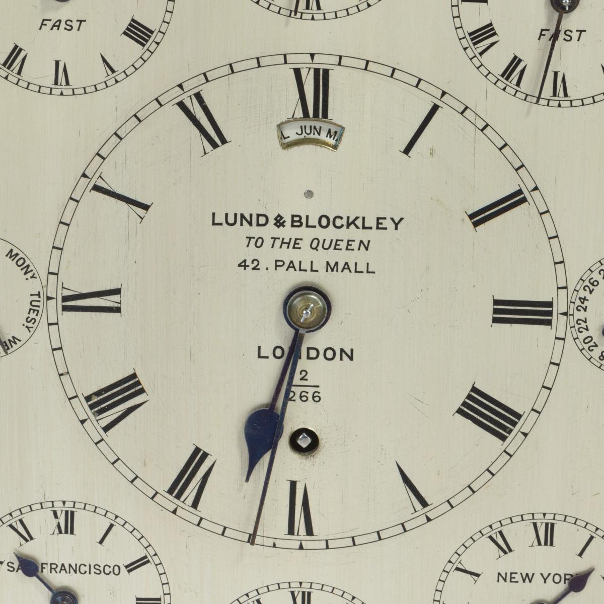 Giant English four glass table regulator with World Time dial and Perpetual Calendar by Lund & Blockley