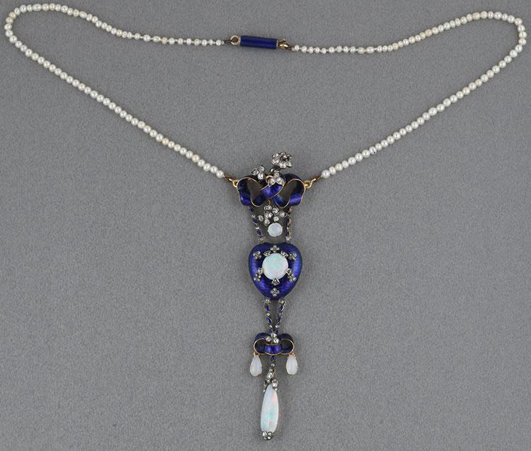 Victorian diamond opal enamel boxed pendant with pearl removable chain and extra gold chain enamel clasp   In box circa 1870