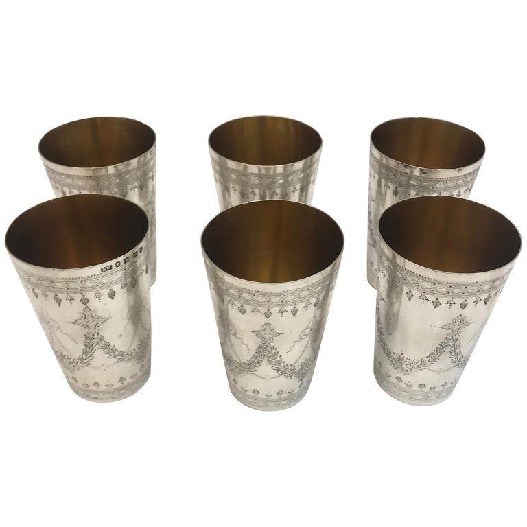 Set of 6 antique silver beakers made by Henry Wigful