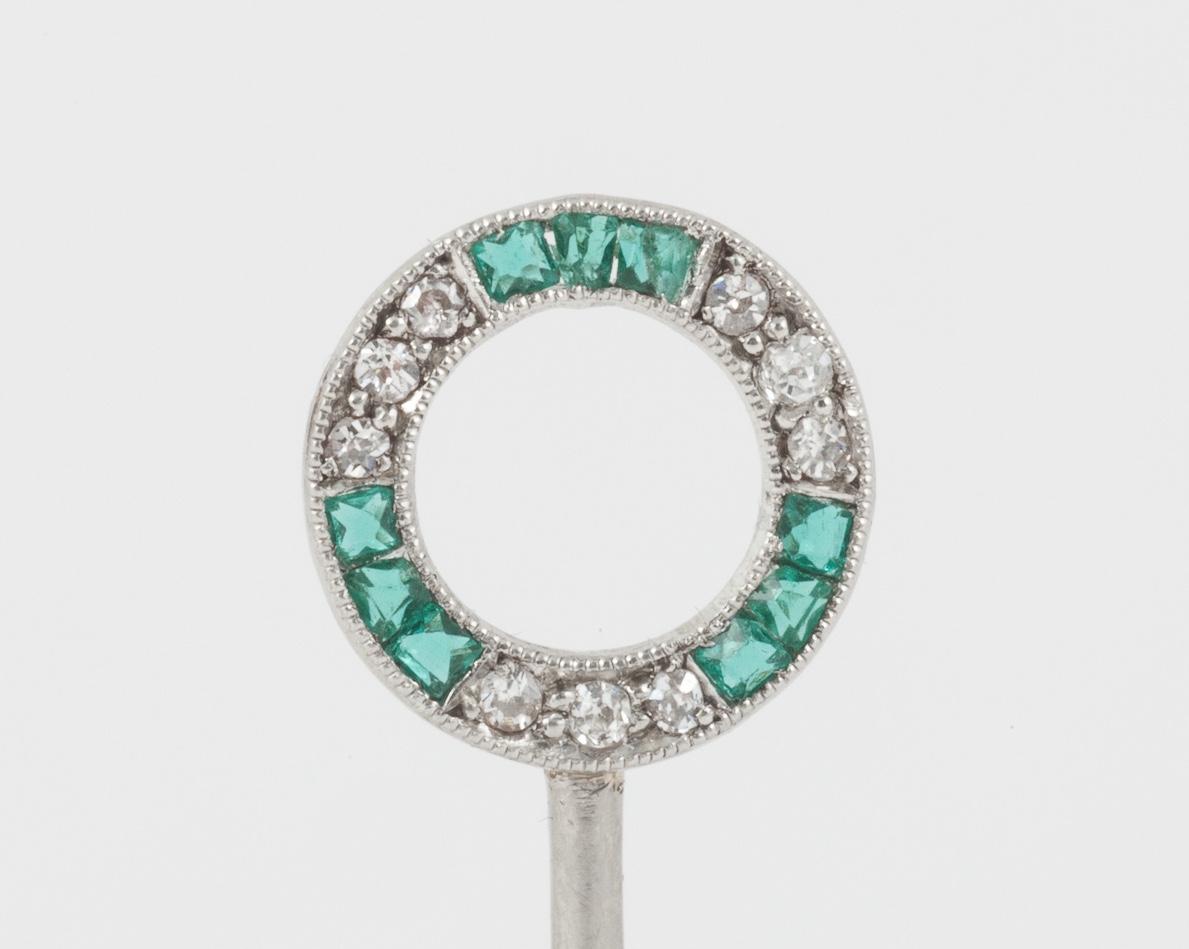 Antique Tie Pin in the shape of an Equestrian Winning Post, Emeralds, Diamonds & Platinum Mounted, English circa 1900
