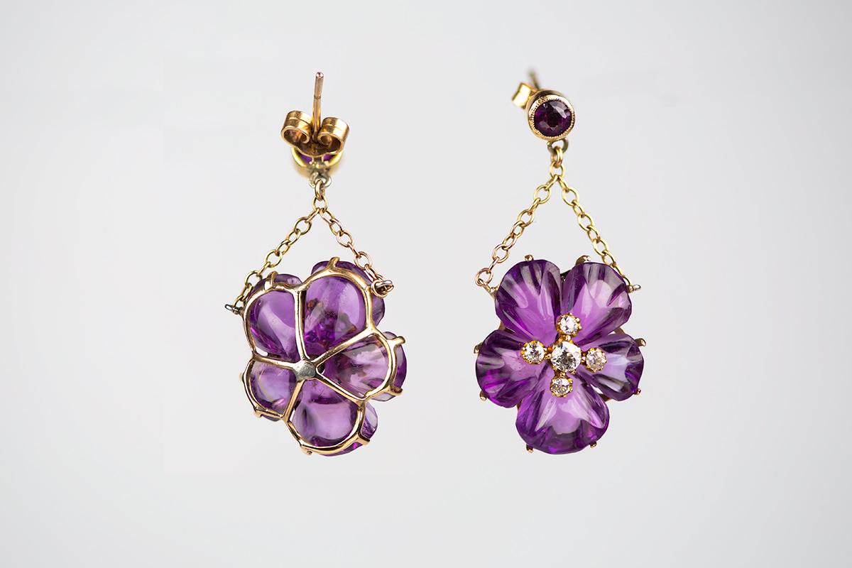 Antique Amethyst and Diamond Pansy Flower Earrings, English circa 1875