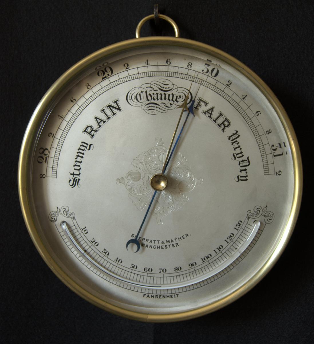 Sherratt & Mather - Manchester. Fine quality and unusual 8-inch [210 mm] diameter brass cased aneroid barometer.