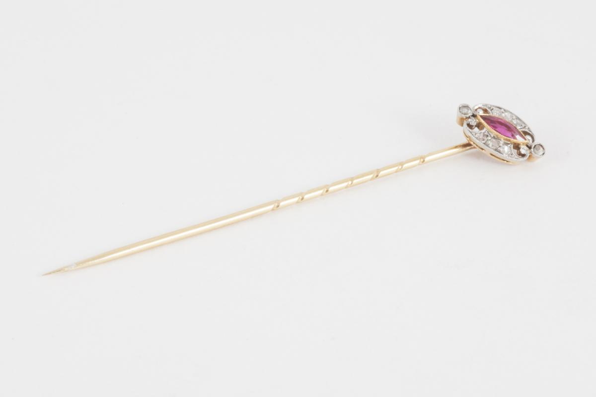 Antique Tie Pin with Marquise Burma Ruby & Diamond Cluster, English circa 1900