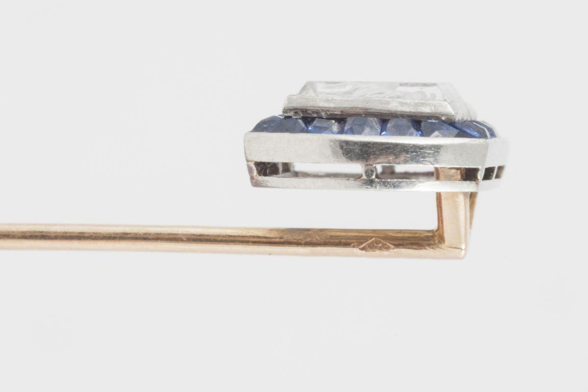 Carved Crystal Tie Pin of a Goat with Ceylon Sapphires, French circa 1920