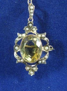 Arts & Crafts Citrine and seed pearl 9 carat gold pendant