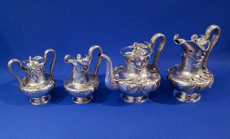 A Very Rare Indian Colonial Silver 'Tea Vine' 4-piece Tea Set