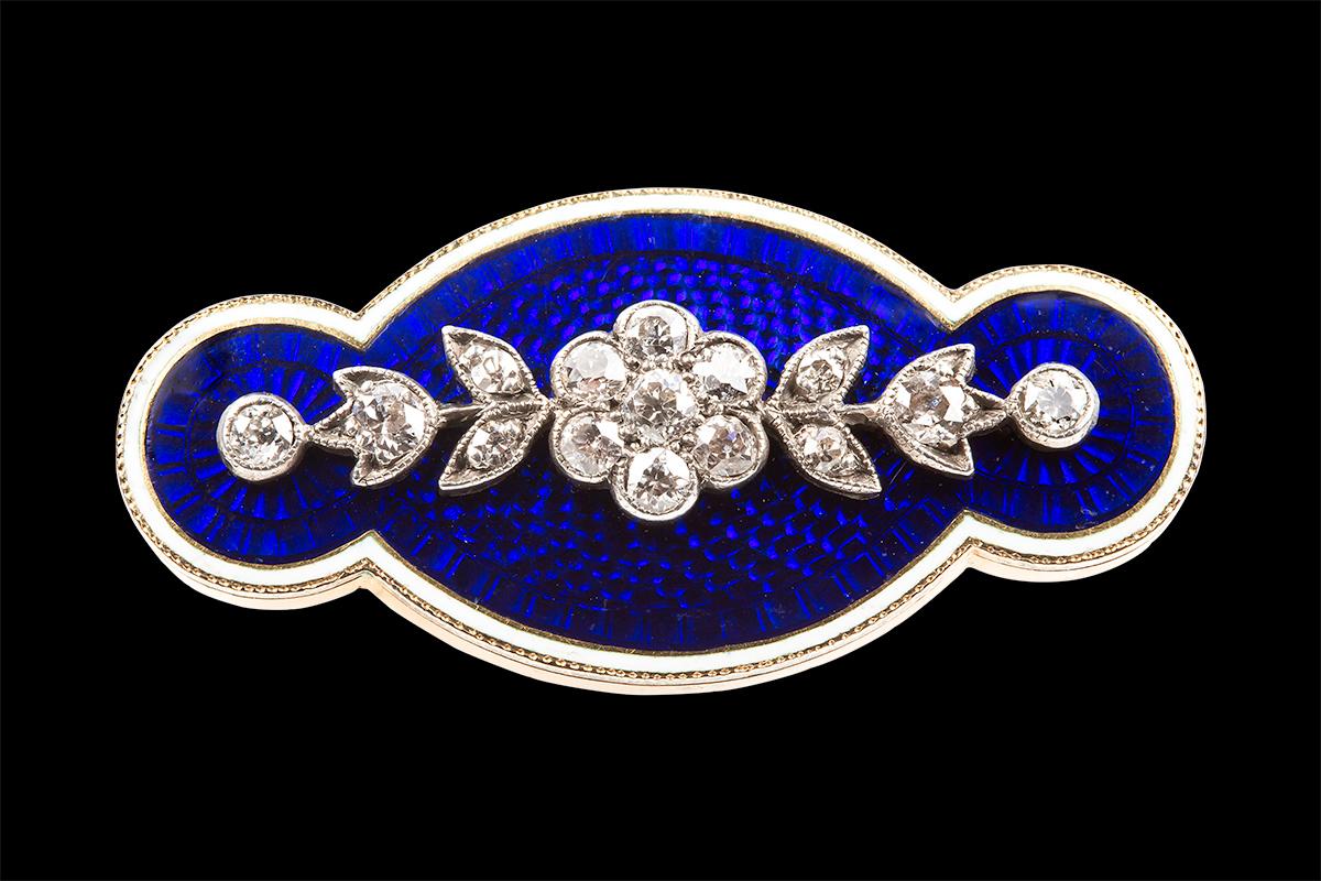 Antique Diamond set Gold mounted Brooch in Blue and White Enamel, English circa 1880