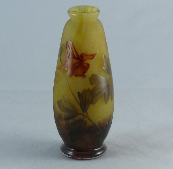 Daum acid etched and enamelled cameo glass vase with a design of Aquilegia flowers and leaves
