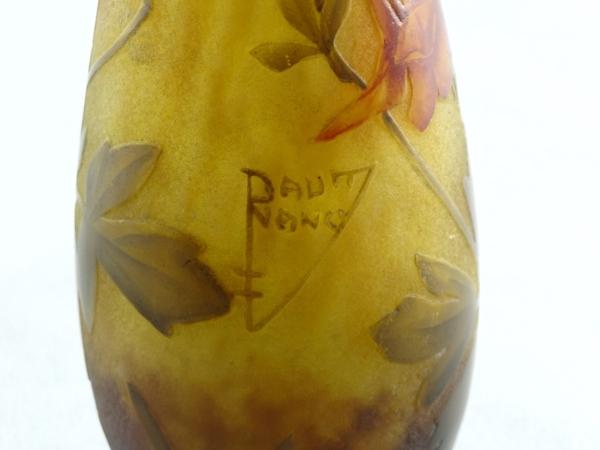 Daum acid etched and enamelled cameo glass vase with a design of Aquilegia flowers and leaves