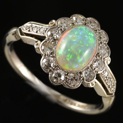 Art Deco Opal Diamond Platinum Ring