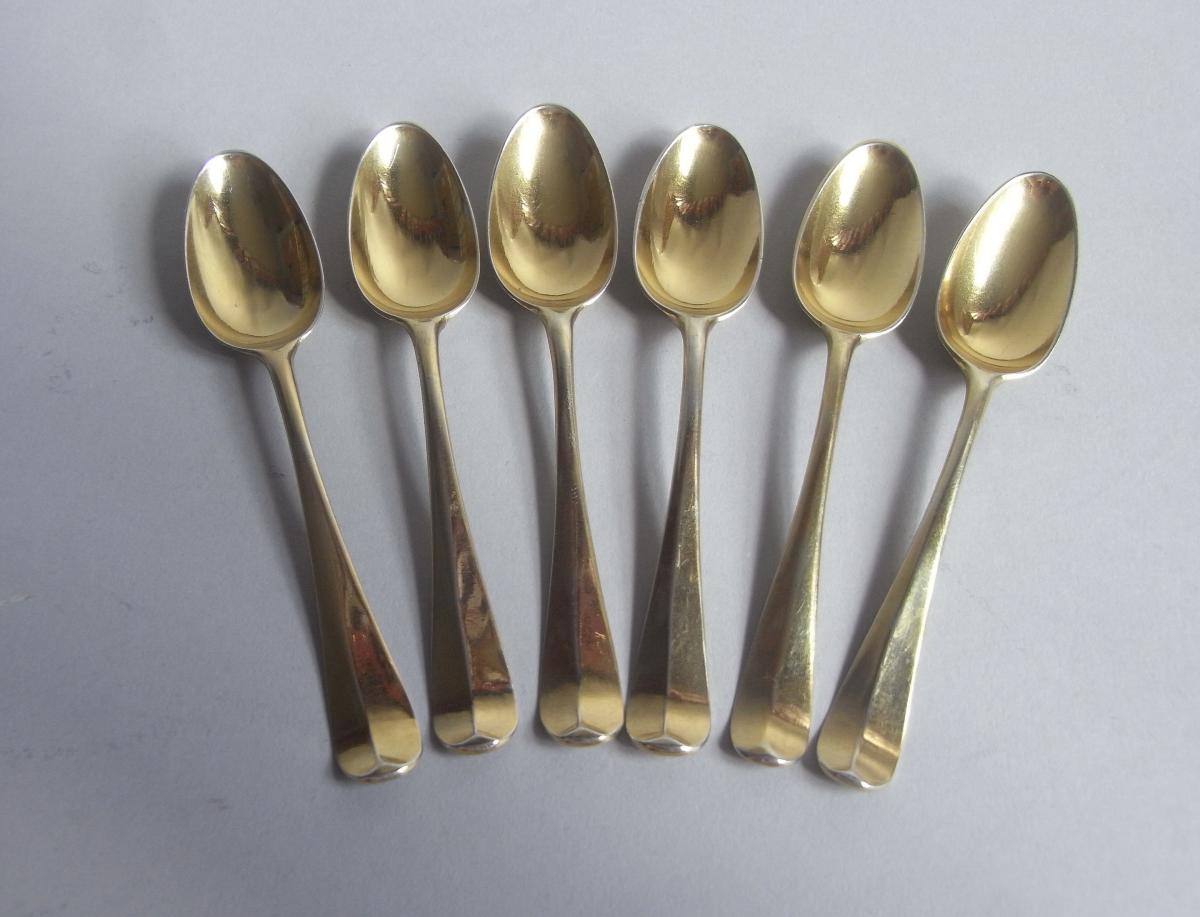 A Set of Six George II Silver Gilt Rat Tail Hanoverian Teaspoons Made in London circa 1755 by George Smith II