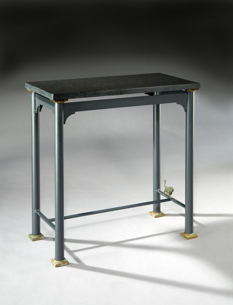 Console table, painted steel & bronze, with sculpted lion