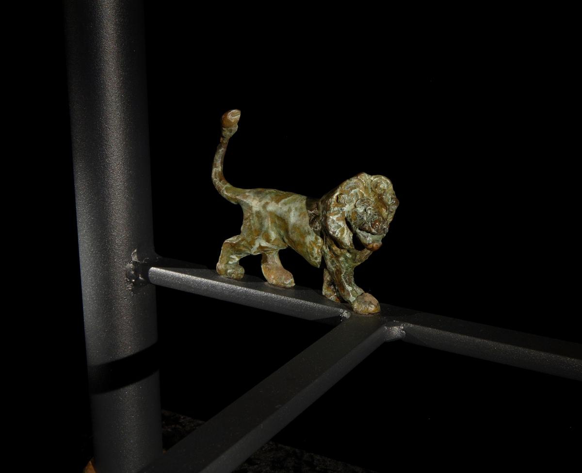 Console table, painted steel & bronze, with sculpted lion